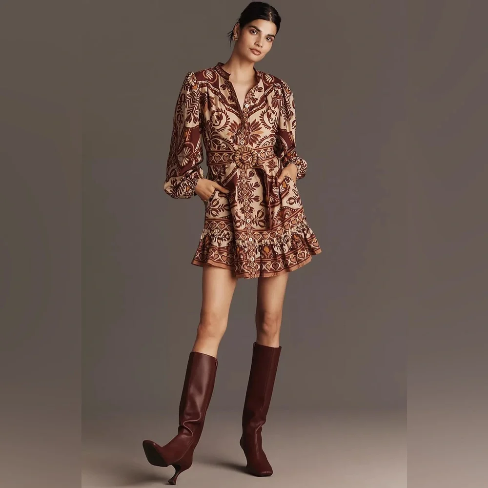 Anthropologie Brown and Tan Patterned Mini Dress - Picture 3 of 9